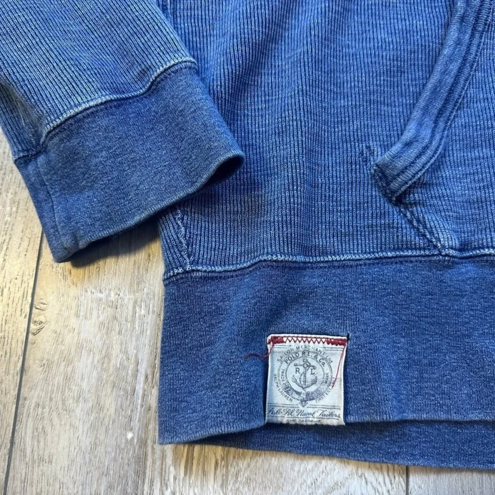 Polo Ralph Lauren Mens Blue Waffle Knit Henley Hoodie Vintage Thermal Large